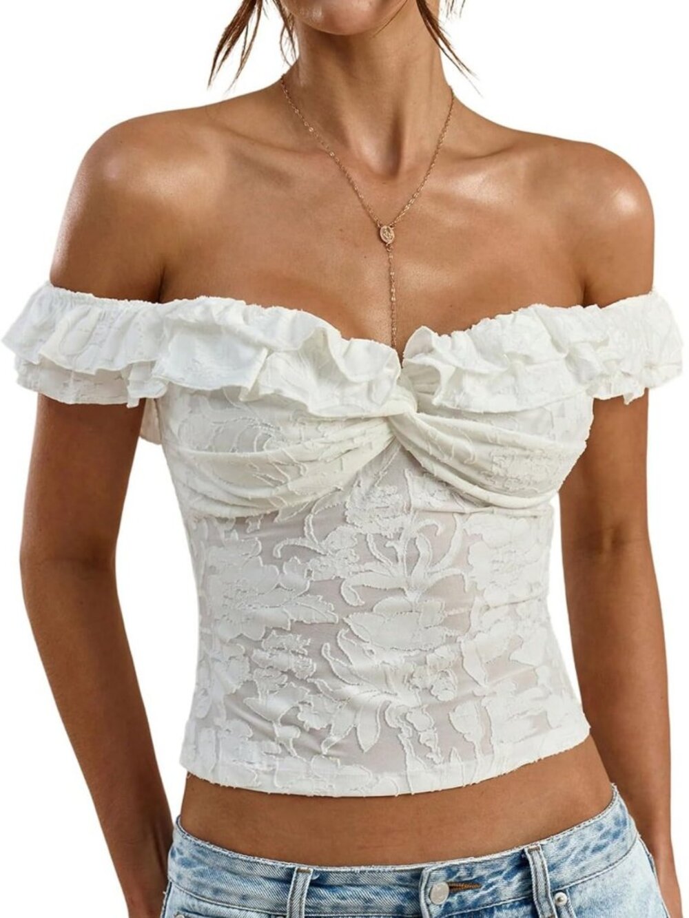 Lace Off-Shoulder Top | Sexy Sheer Mesh Ruffle Shirt for Women | Trendy Fashion